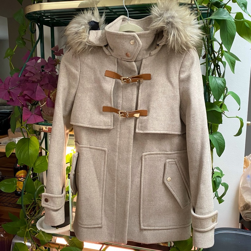Zara oatmeal wool coat with gold hardware and hood